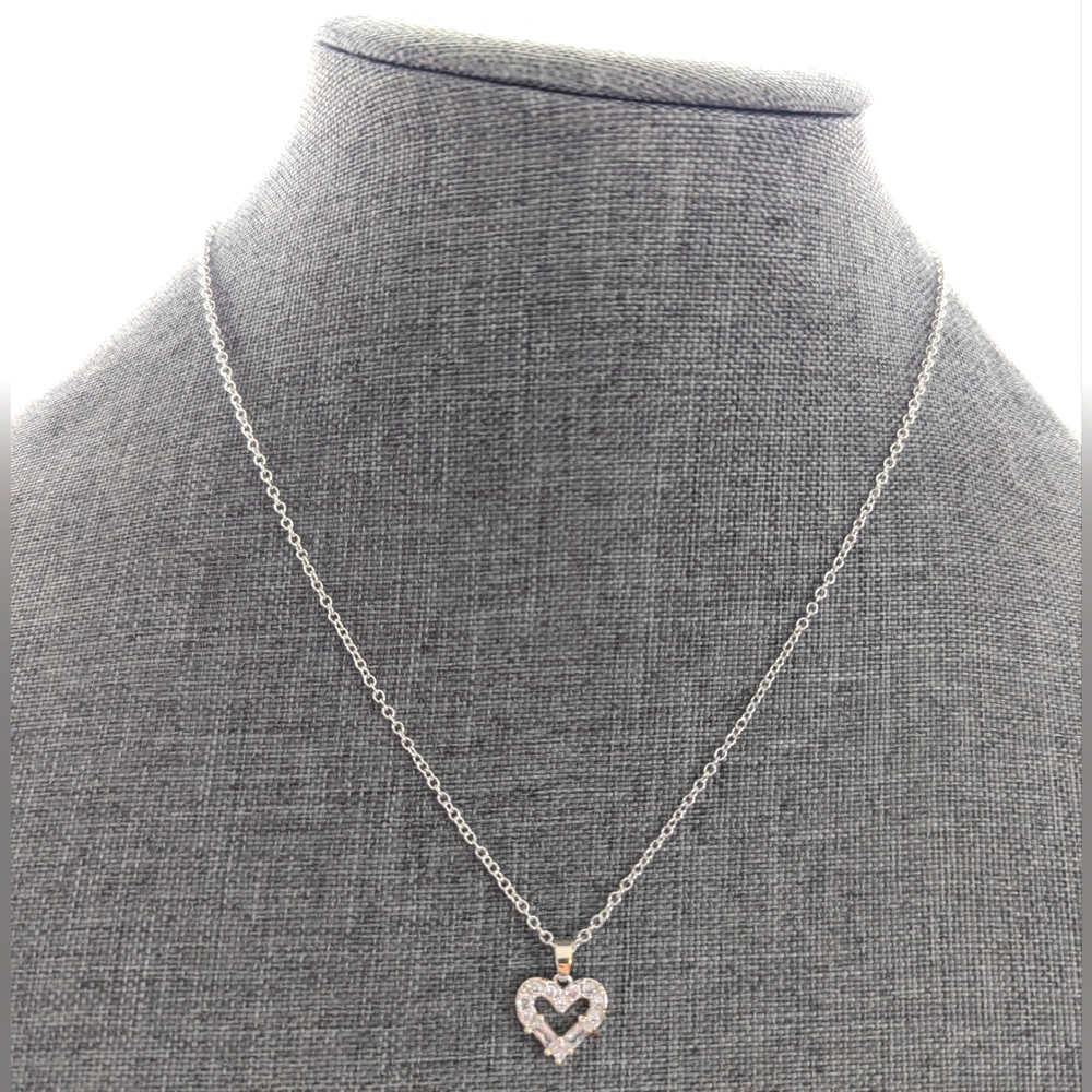Silver Tone Glass Baguette Rhinestone Dainty Feminine Heart Pendant Necklace